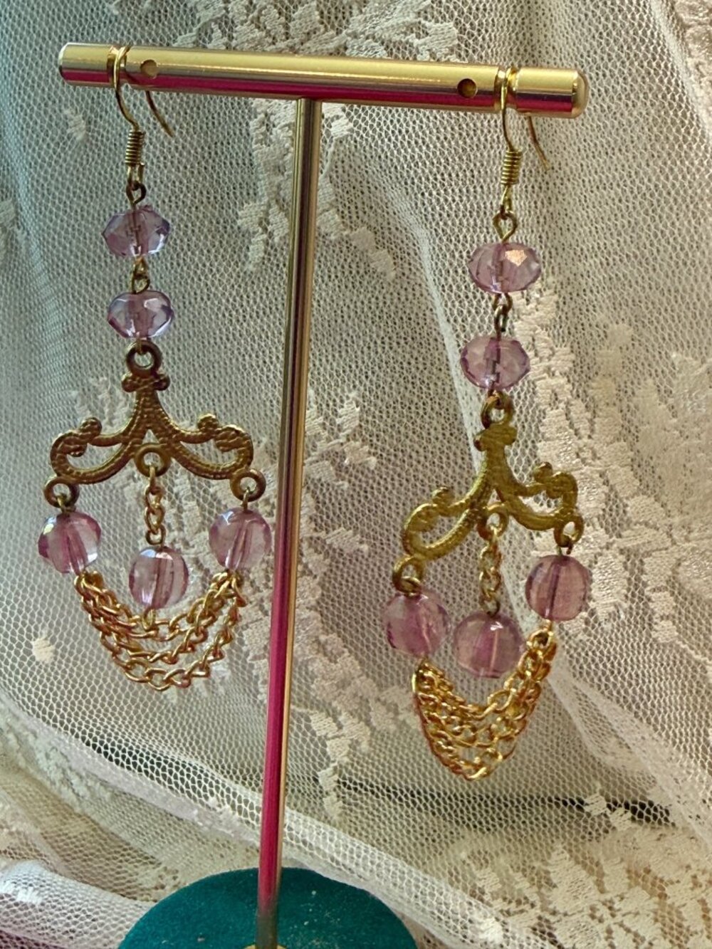 Gold Tone Chandelier Earrings Pink Beads & Chain Dangles
